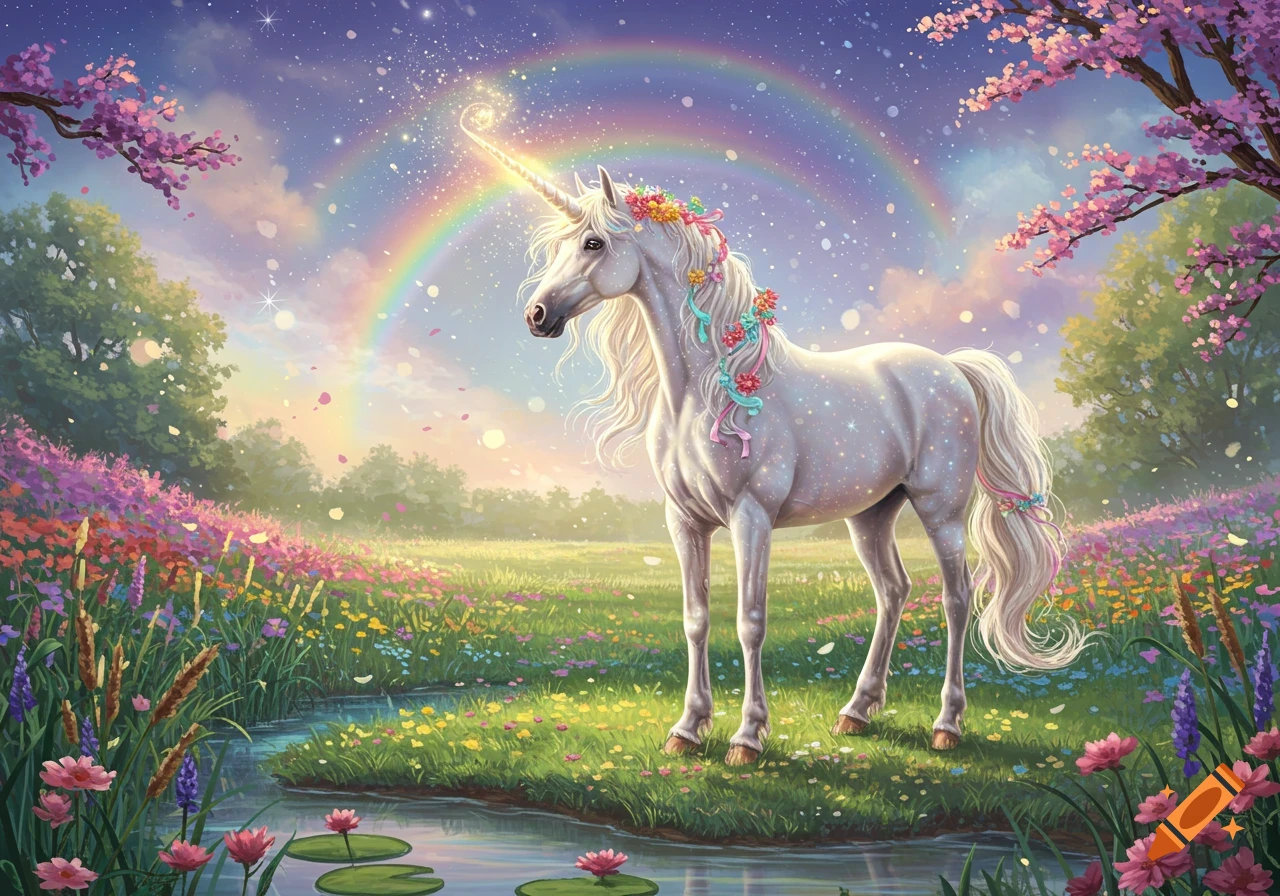 A sparkling white unicorn with a flower mane stands in a vibrant meadow by a stream, under a rainbow in a magical, colorful landscape.