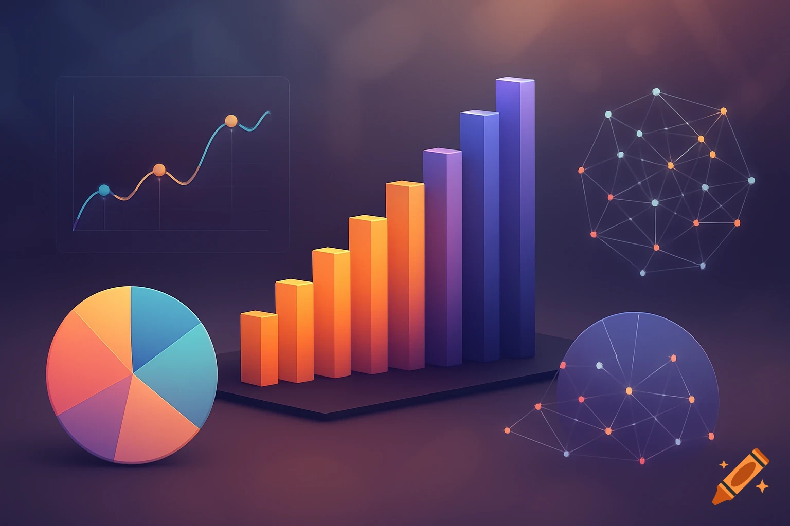 3D digital illustration of a line graph, bar chart, pie chart, and network diagram on a dark background.