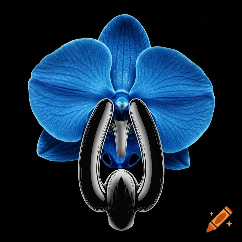 Vibrant blue orchid with a shiny, abstract black and silver metallic form at its center, against a black background.