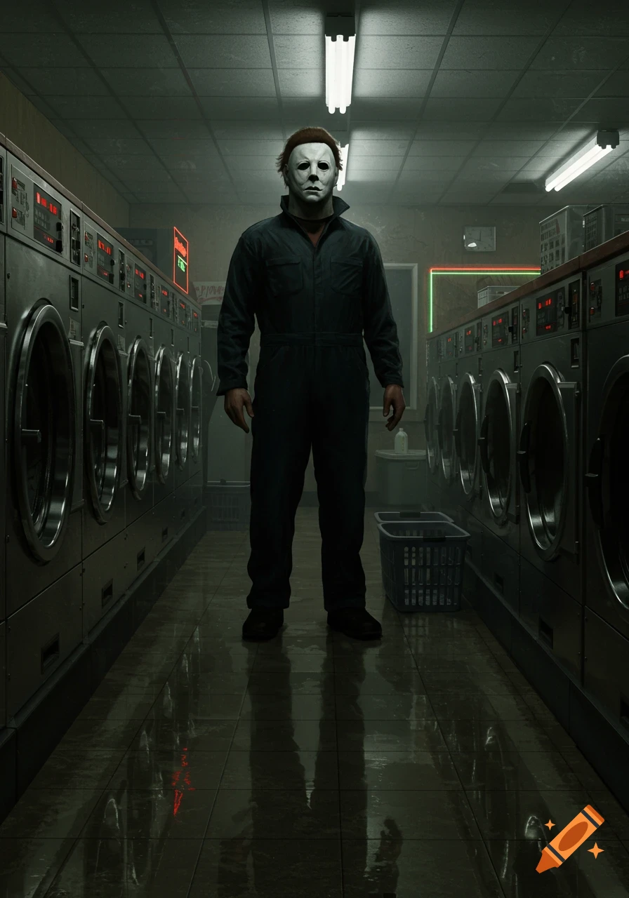 Michael Myers stands in a dimly lit launderette, flanked by rows of washing machines, in a photorealistic style.