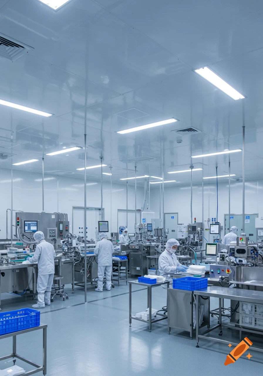 A brightly lit, sterile cleanroom with multiple workers in full protective suits operating various packaging machinery.