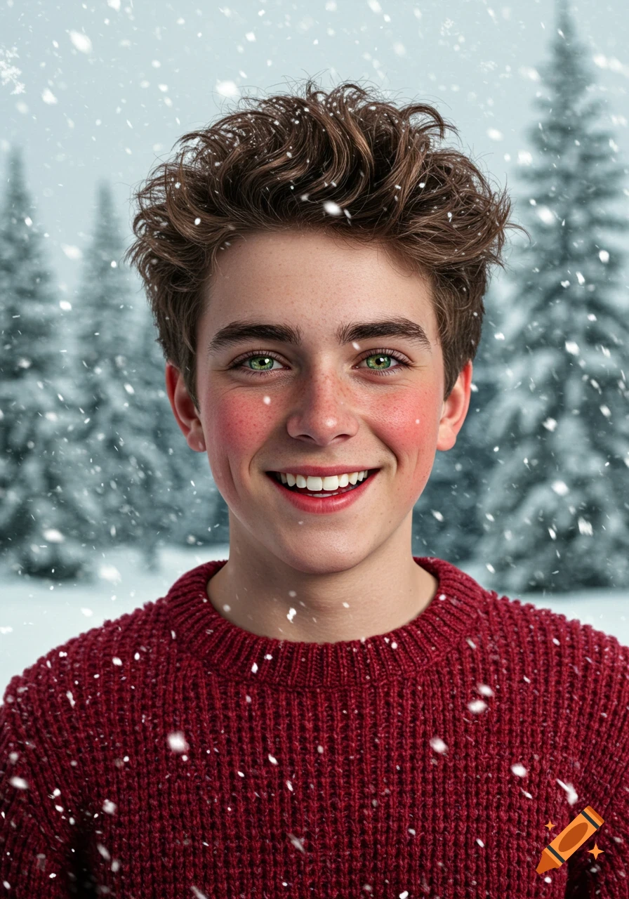 A cheerful young man with green eyes, freckles, and rosy cheeks smiles in a red knitted sweater during a snowy winter.