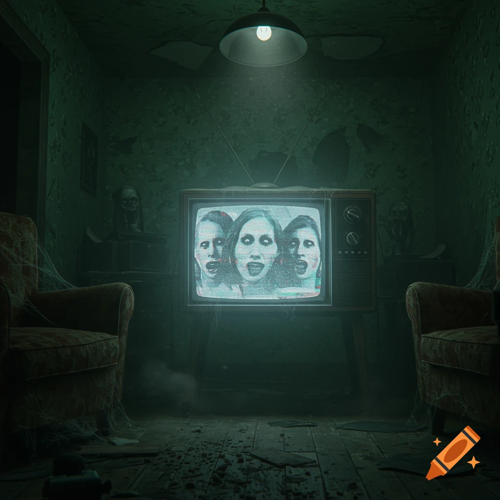 A dark, dilapidated room with an old, static-filled television showing three distorted, screaming faces in a horror style.