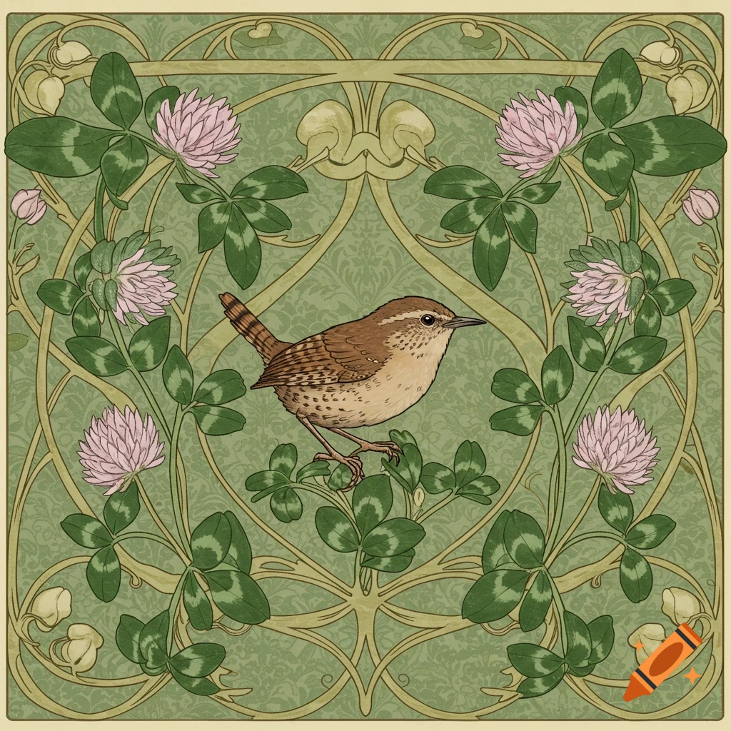 An Art Nouveau illustration of a brown wren perched on clover leaves and pink flowers, set against an ornate green background.