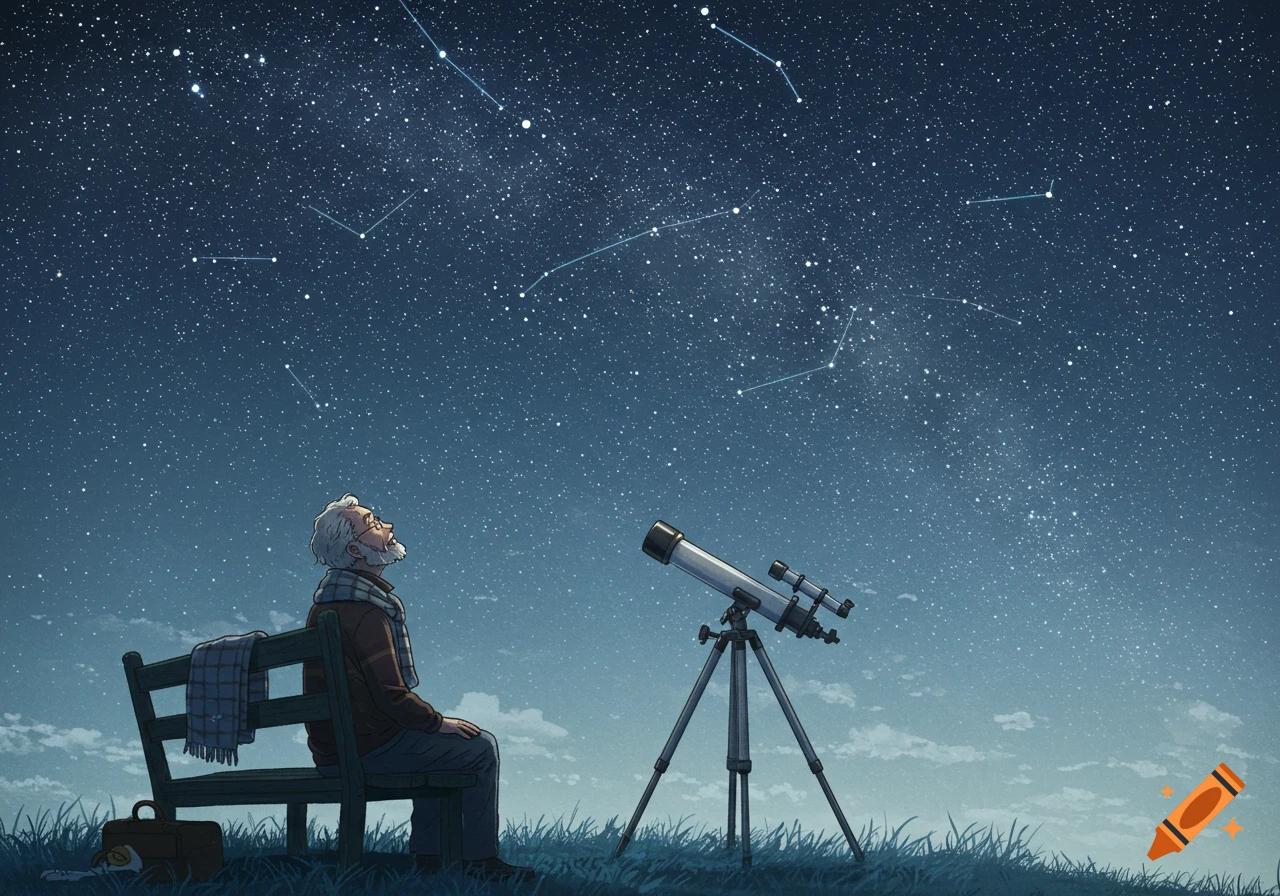 An old man sits on a bench, looking up at a starry night sky with a telescope beside him, in a stylized illustration.