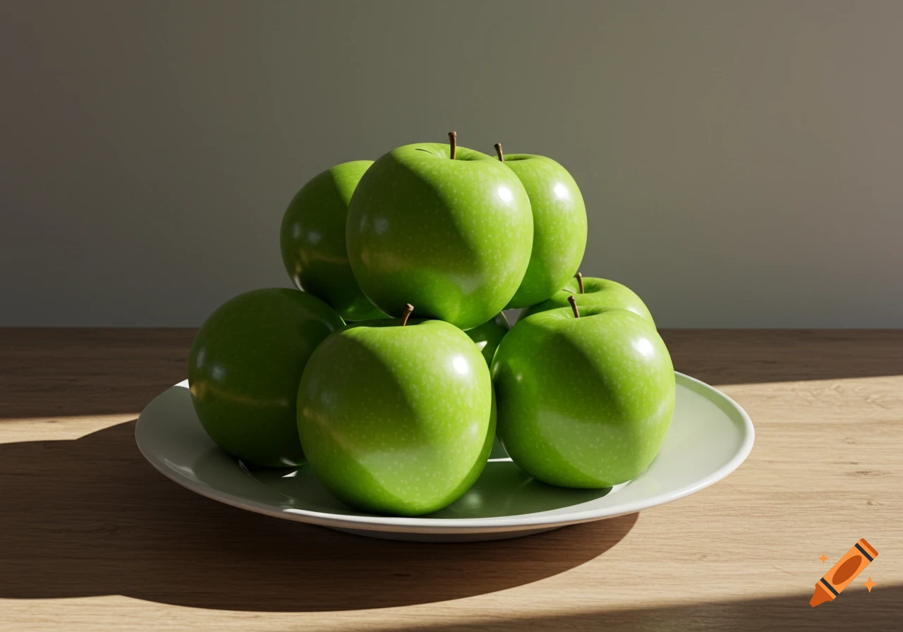 A photorealistic still life of bright green apples piled on a white plate on a wooden table, with natural light.