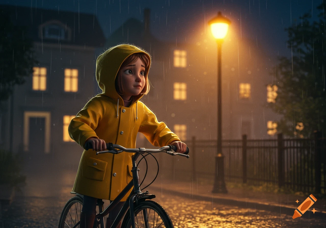 A cartoon girl in a yellow raincoat rides a bicycle in the rain at night, illuminated by a street light.