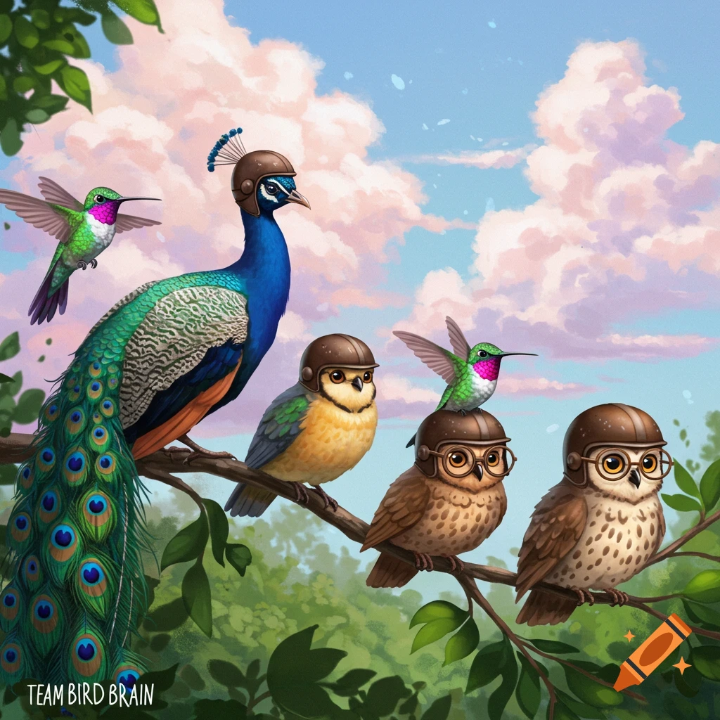 An illustration of a peacock, a hummingbird, and three smaller birds, all wearing helmets, perched on a branch against a cloudy sky.