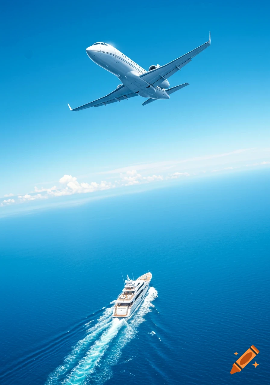 A white private jet flies above a luxury yacht sailing on a deep blue ocean under a clear sky, aerial view.