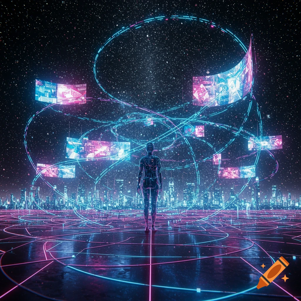 A humanoid figure stands on a glowing grid above a futuristic city, surrounded by swirling neon lines and floating data screens under a starry sky.
