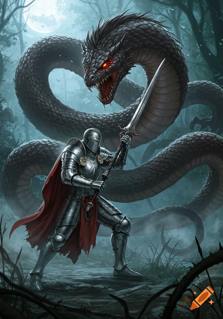 A knight in shining armor with a red cape battles a huge black serpentine dragon with glowing red eyes in a misty forest under a full moon.