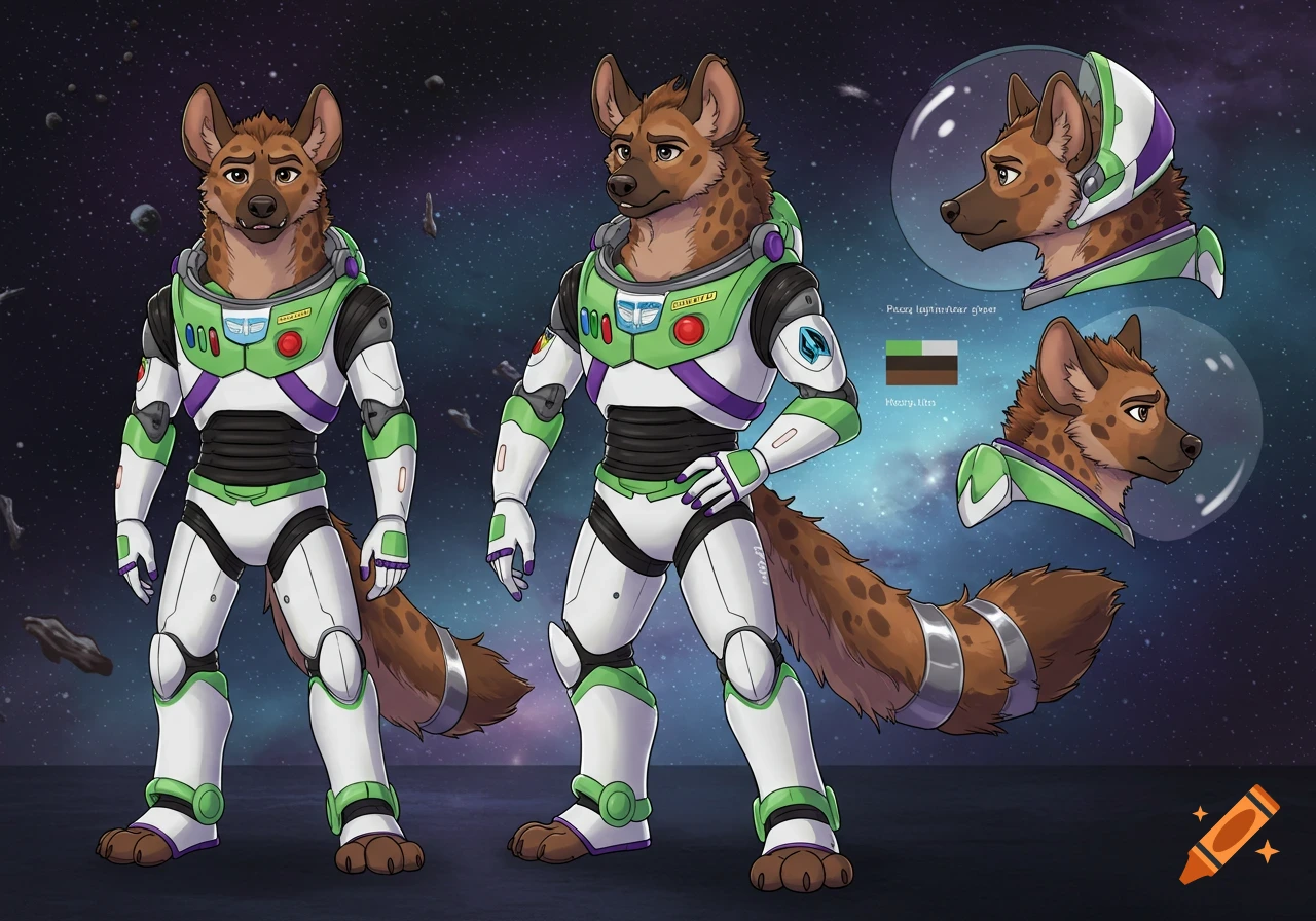 An anthropomorphic hyena dressed in a white and green Buzz Lightyear space suit, depicted in two full-body poses and two headshots in a starry space background.