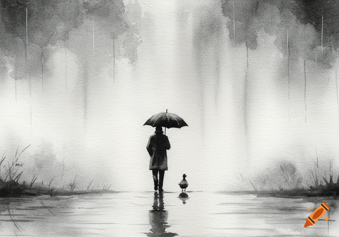 Black and white watercolor of a person with an umbrella walking in the rain with a duck.