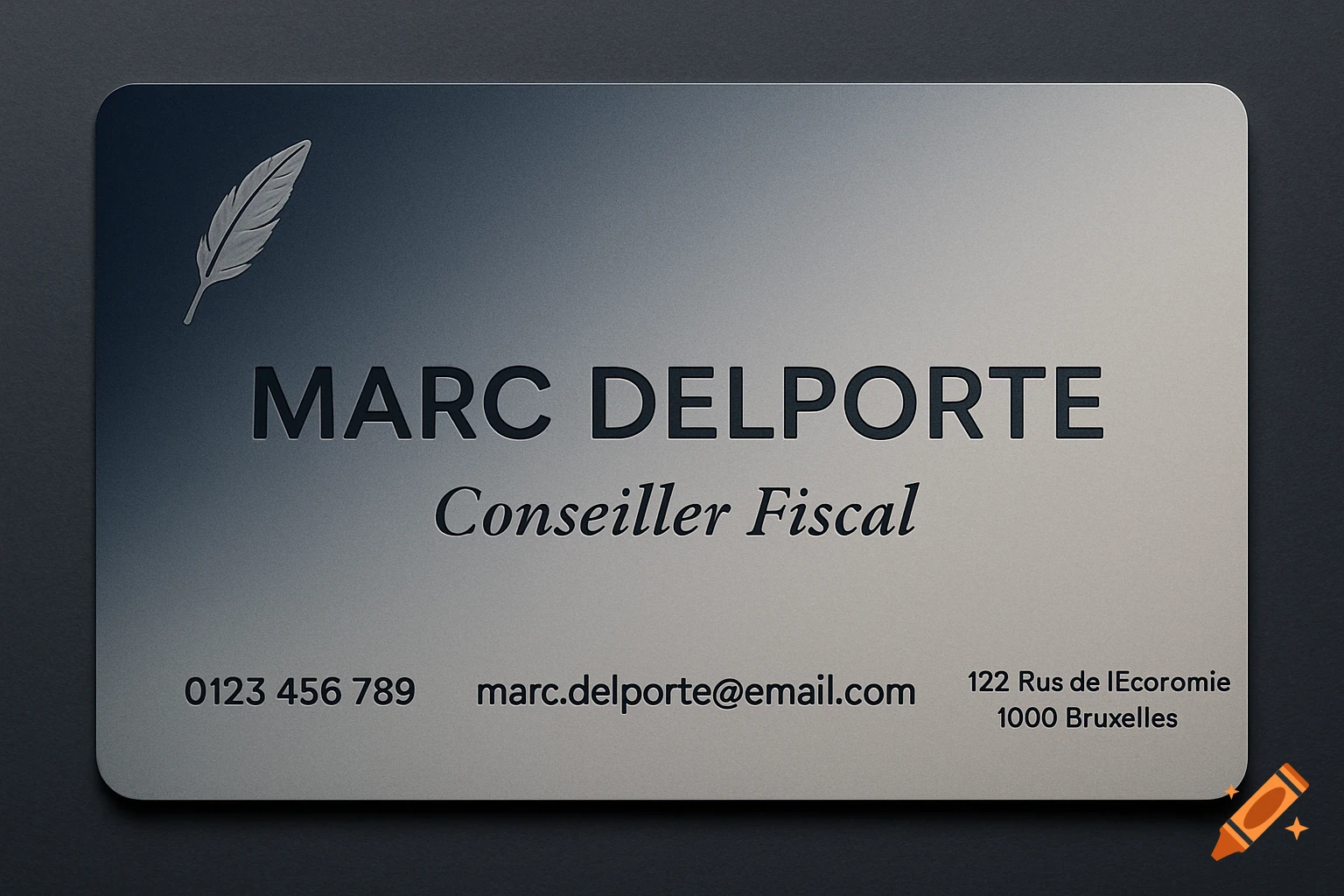 A modern business card for Marc Delporte, Conseiller Fiscal, with contact details and a feather logo.