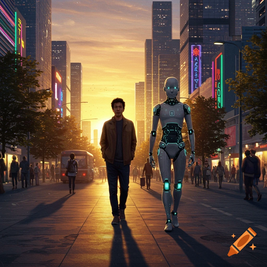 A man walks beside a humanoid robot on a futuristic city street at sunset, with neon signs glowing.