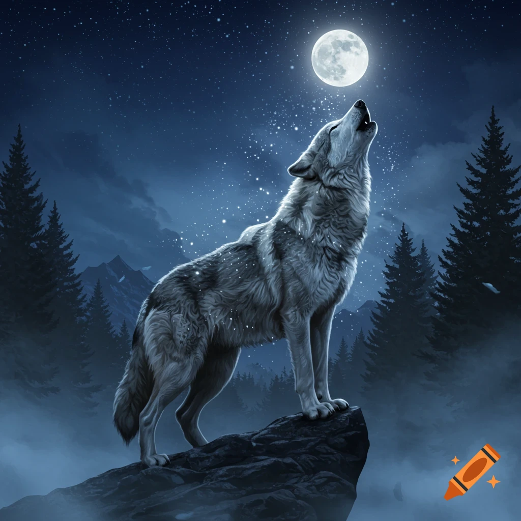A gray wolf howls at a large full moon in a mystical dark forest with sparkling stars, standing on a rocky outcrop.
