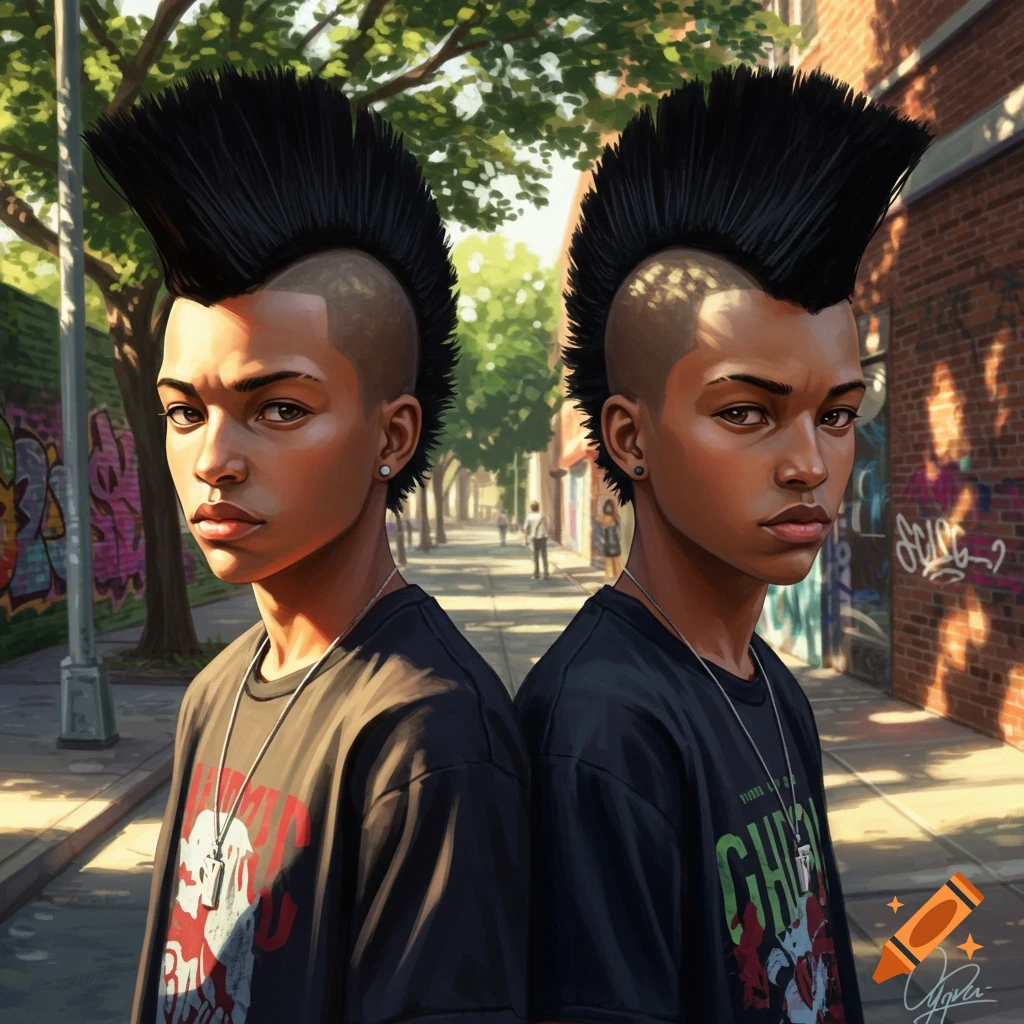 Two young boys with large black mohawks stand back-to-back on an urban street with graffiti-covered walls.