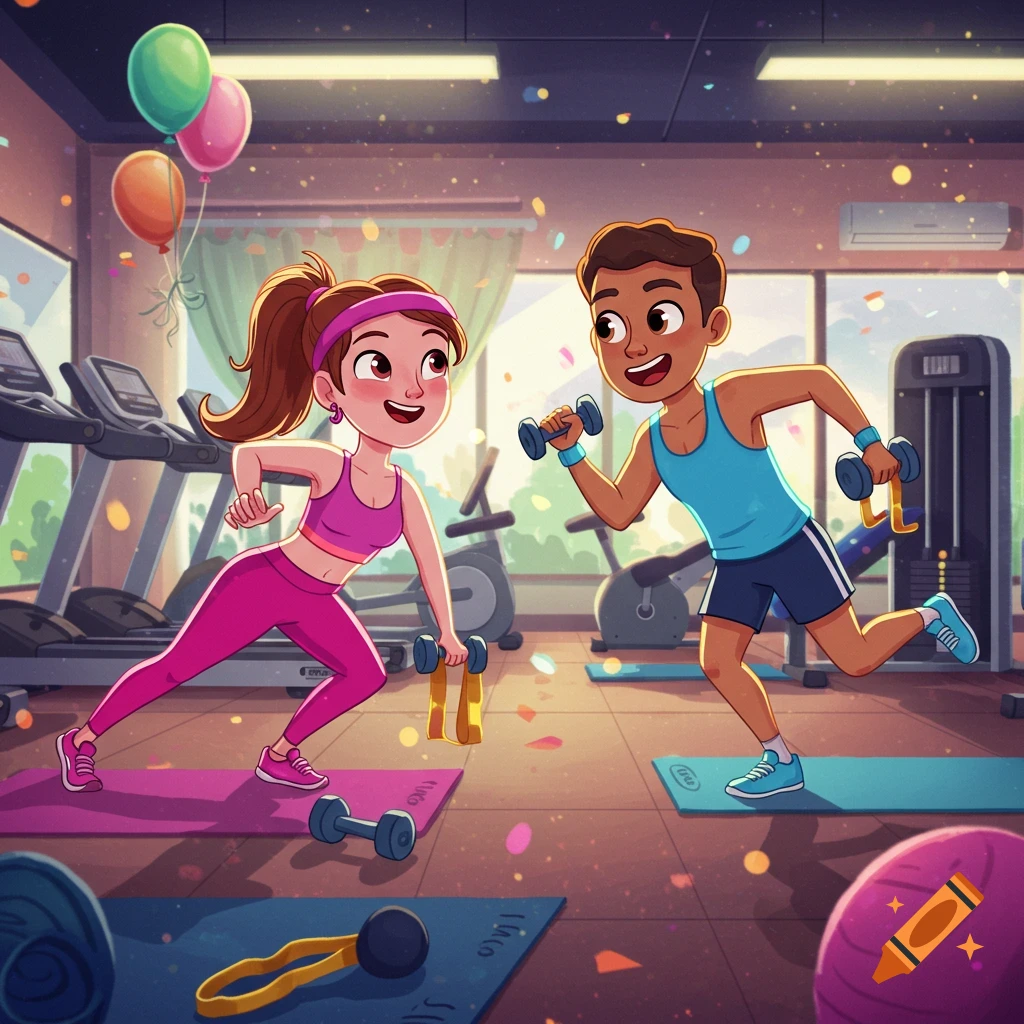 A smiling cartoon man and woman work out with dumbbells in a confetti-filled gym with balloons.