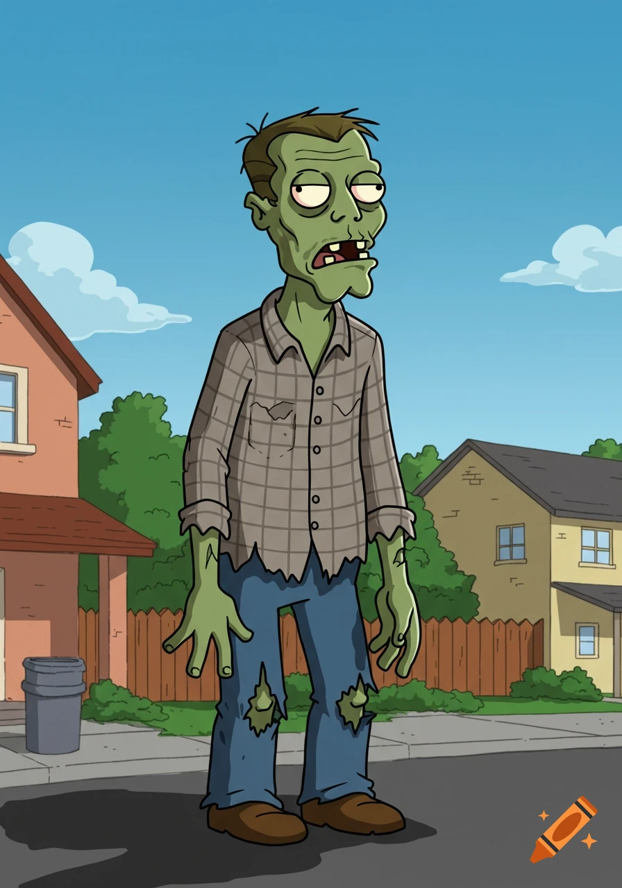 A cartoon zombie in Family Guy style, with green skin and ripped clothes, stands on a suburban street.