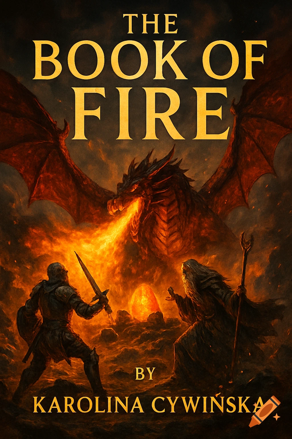 Fantasy book cover with a fire-breathing red dragon, a knight, and a wizard amidst flames. Text: 'THE BOOK OF FIRE' by 'KAROLINA CYWINSKA'.