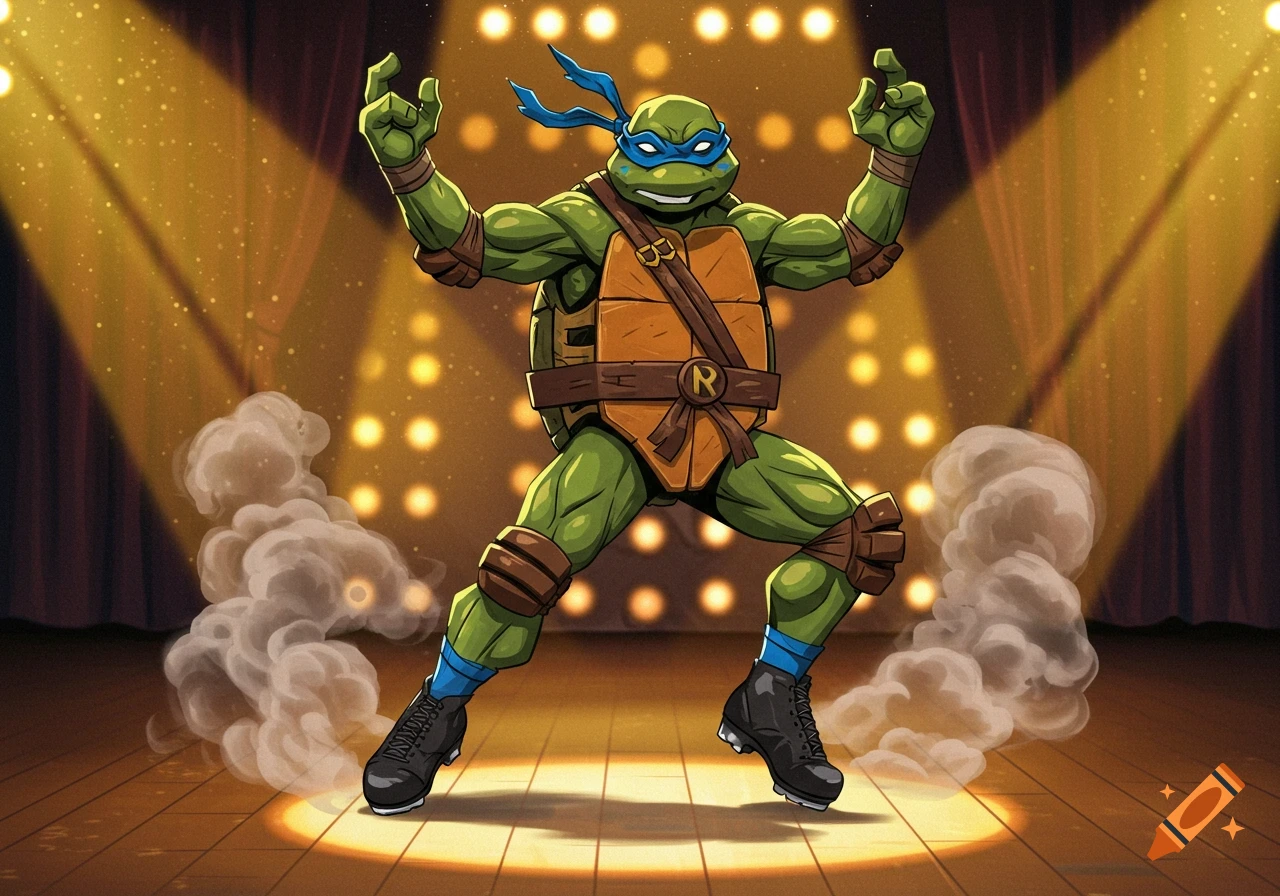Leonardo from TMNT tap dancing on a spotlighted stage with smoke effects, in a vibrant cartoon style.