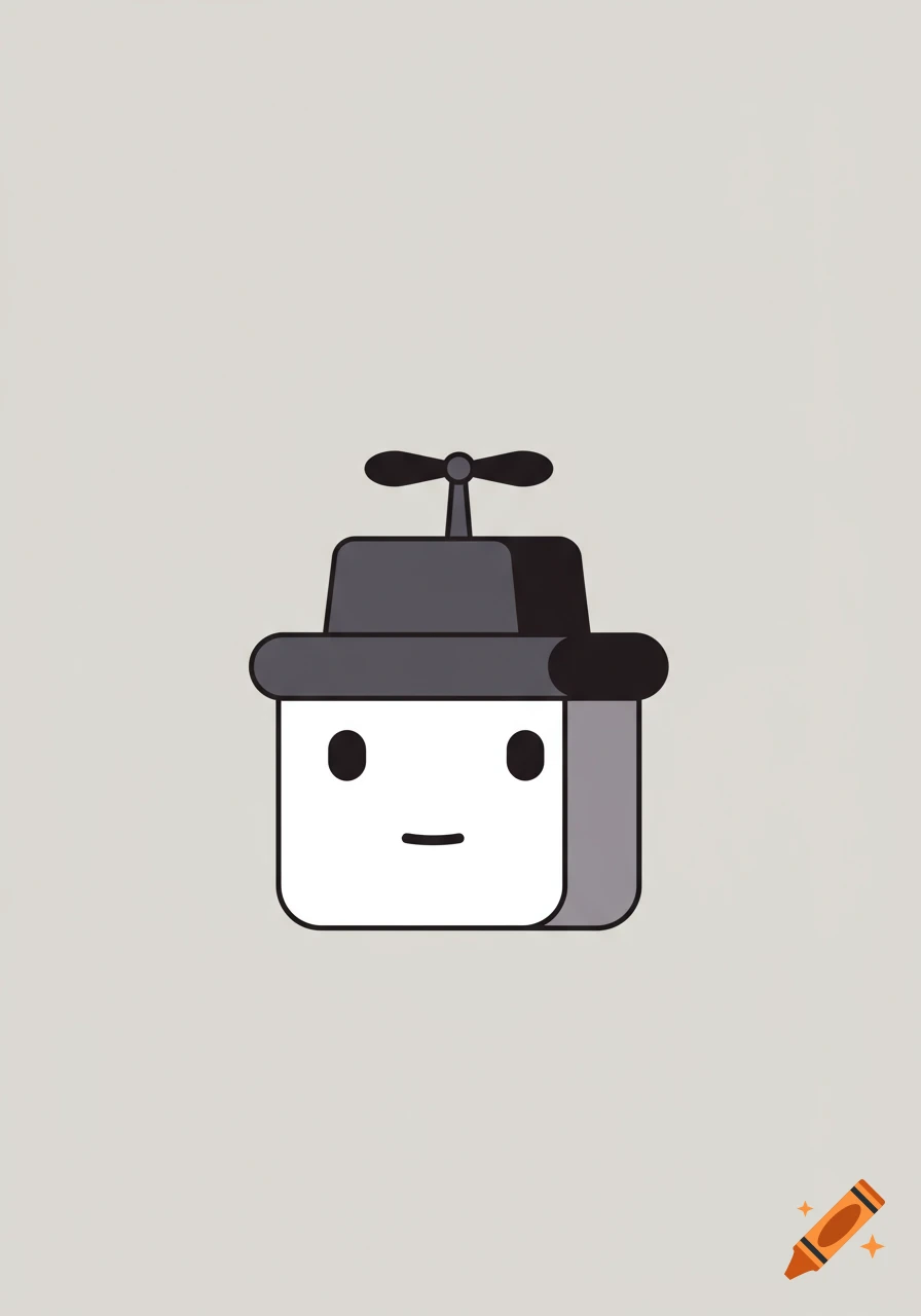 A minimalist, square-shaped white character with a simple face and a black hat with a propeller on a light gray background.