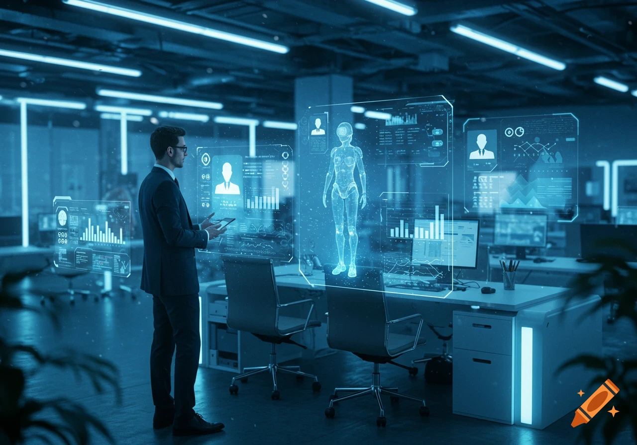 Man in a suit interacts with glowing blue holographic interfaces displaying data and a wireframe human in a futuristic office.