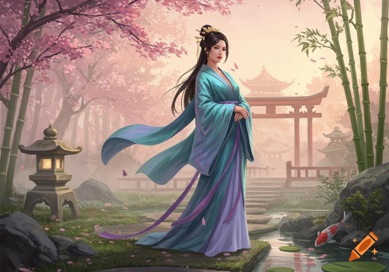 Illustrated woman in flowing teal and purple traditional East Asian attire, standing in a cherry blossom and bamboo garden with a torii gate.