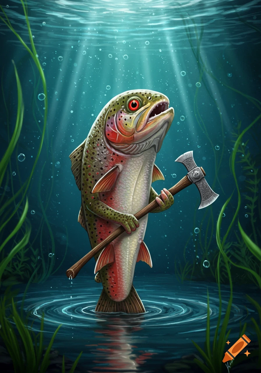 A vibrant illustration of an anthropomorphic trout with red eyes standing in water, holding a double-bladed axe.