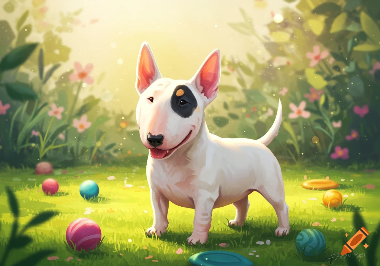 A happy cartoon bull terrier dog with a black eye patch stands in a sunny grassy field with colorful balls and flowers.