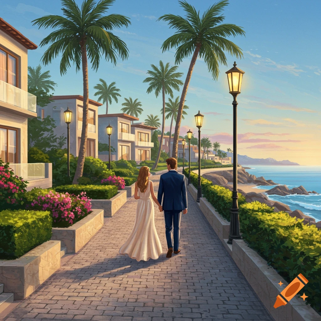 A couple holding hands walks on a paved path lined with palm trees, houses, and flowers along a sunny coastal resort in a painterly style.