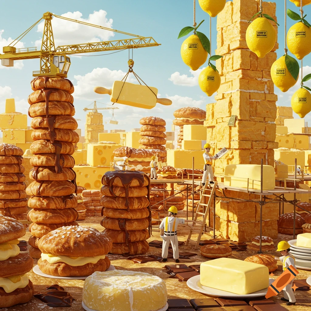 A whimsical construction site with workers building structures from cheese blocks, butter, and pastries, with lemons hanging from a cheese tower.