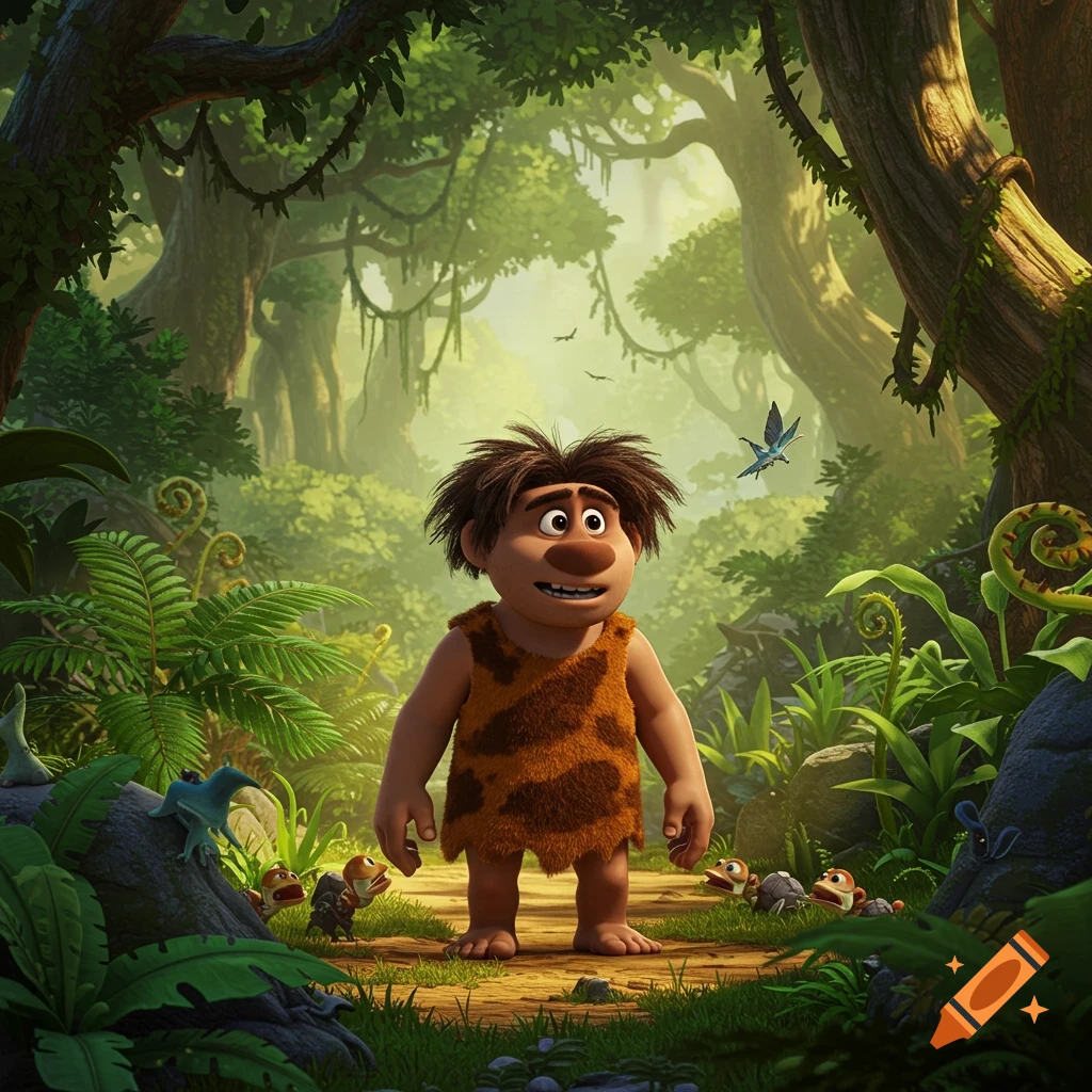 A cartoon caveman character with spiky brown hair and an animal print outfit stands in a vibrant, lush jungle with small fantasy creatures around.