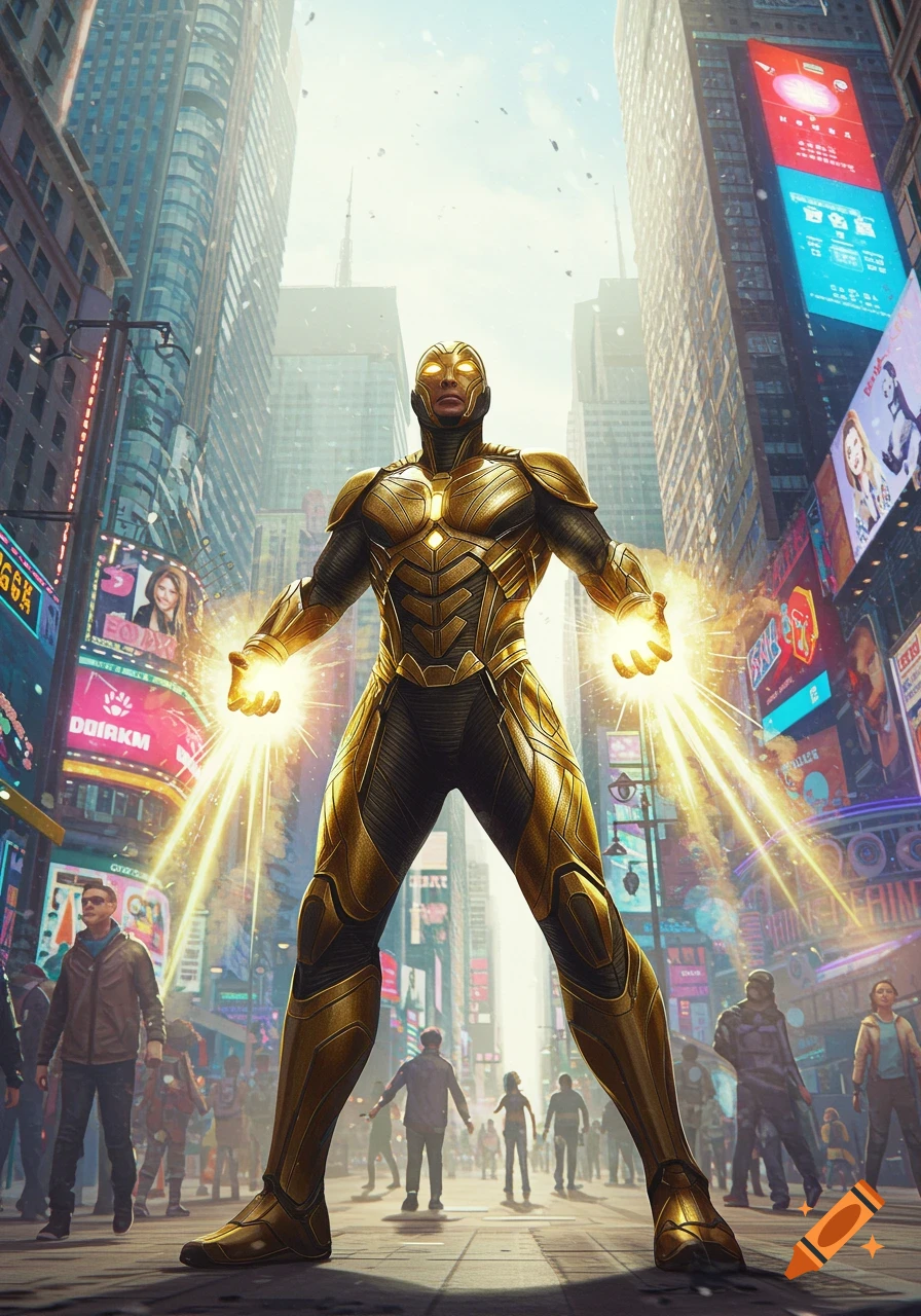A superhero in a gold and black suit with glowing hands stands powerfully in a vibrant, neon-lit city street during the day.