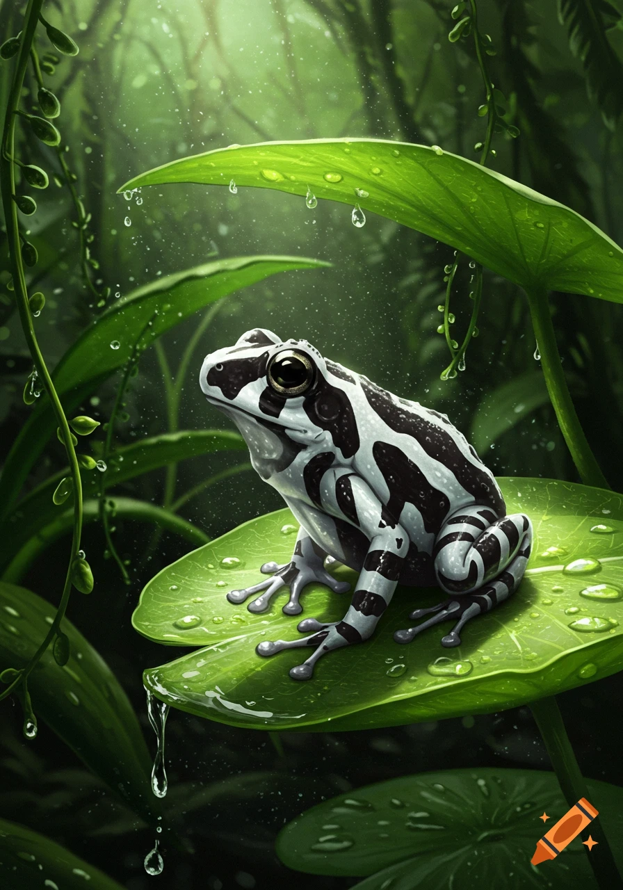 A black and white striped frog sits on a wet green leaf, surrounded by jungle foliage and shimmering water droplets.