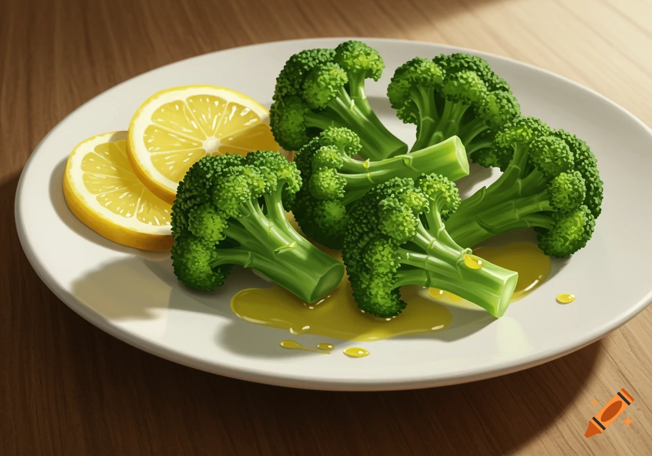 Photorealistic steamed broccoli florets with lemon slices and olive oil on a white plate on a wooden table.