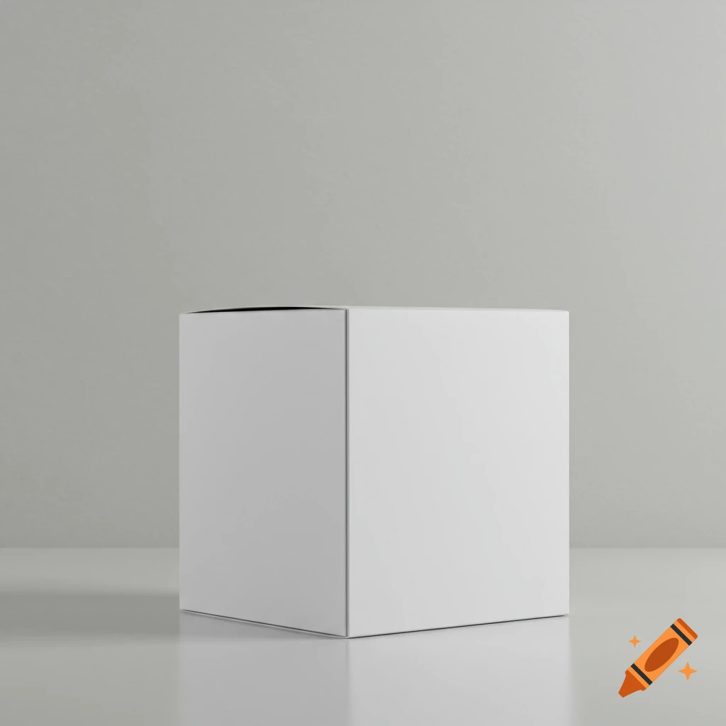 A realistic white box standing upright on a reflective surface against a light gray wall.