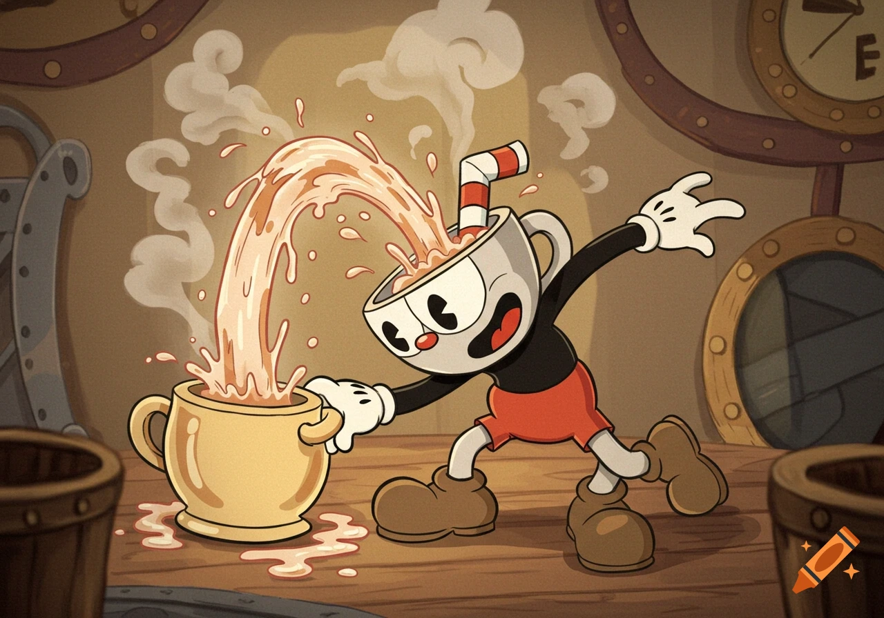 The cartoon character Cuphead pours steaming liquid from his head into a golden mug on a wooden table in a workshop.