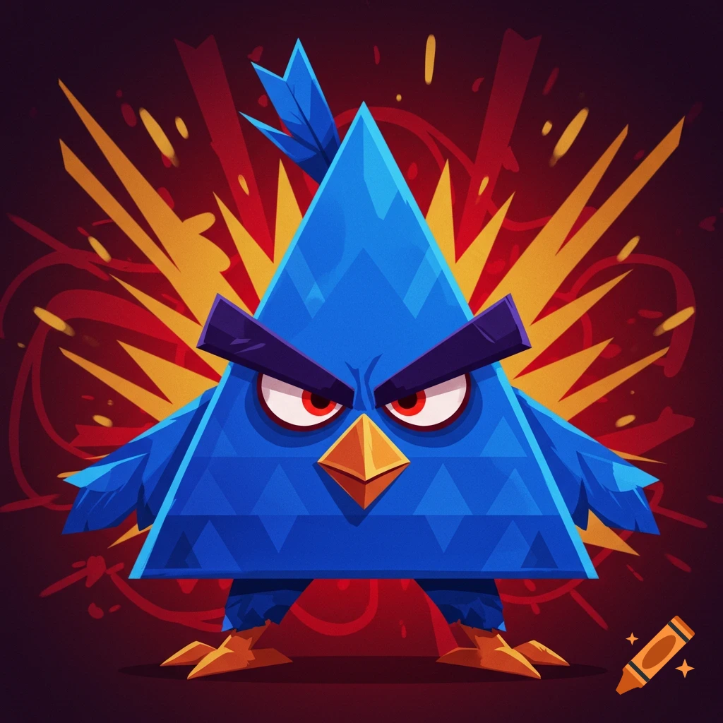An angry, blue triangle bird character with red eyes and geometric patterns, standing against an explosive red and yellow background.