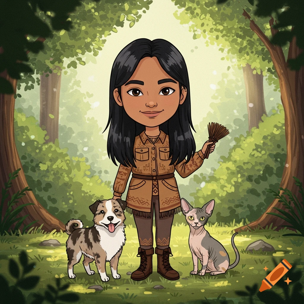 A cartoon avatar of a dark-haired person in a brown outfit, with a tri-color dog and a calico hairless cat, standing in a lush green forest.