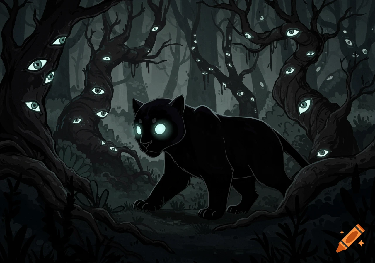 A stylized black panther with glowing eyes prowls through a dark forest with twisted trees covered in glowing eyes.