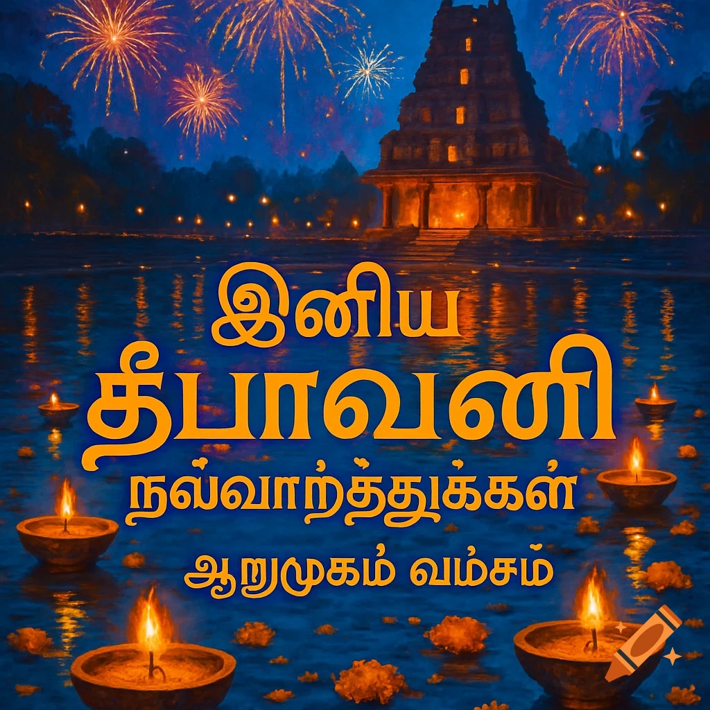A vibrant Diwali night scene with fireworks over a temple, lit diyas floating on water, and Tamil text wishing Happy Diwali.