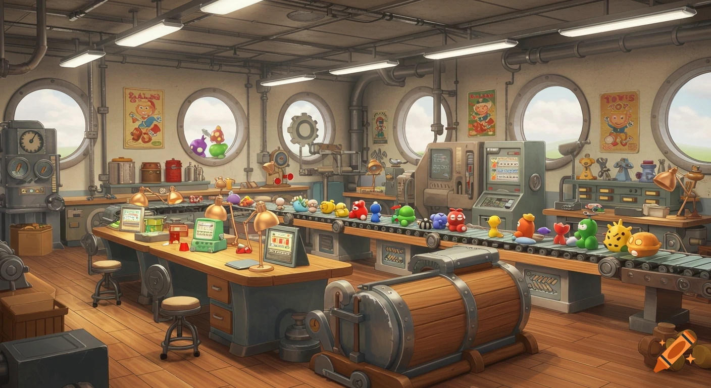 A whimsical toy factory interior with colorful toy figures moving along a conveyor belt, workbenches, and large round windows.