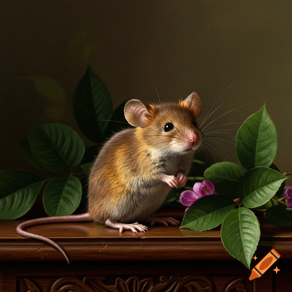 A detailed, fluffy brown mouse with whiskers stands on a dark carved wooden table with green leaves and purple flowers.