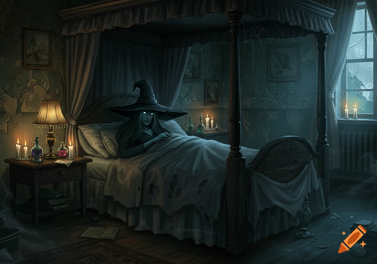 A witch with glowing eyes and a pointed hat lies in a gothic four-poster bed in a dimly lit, spooky room with potions and candles.