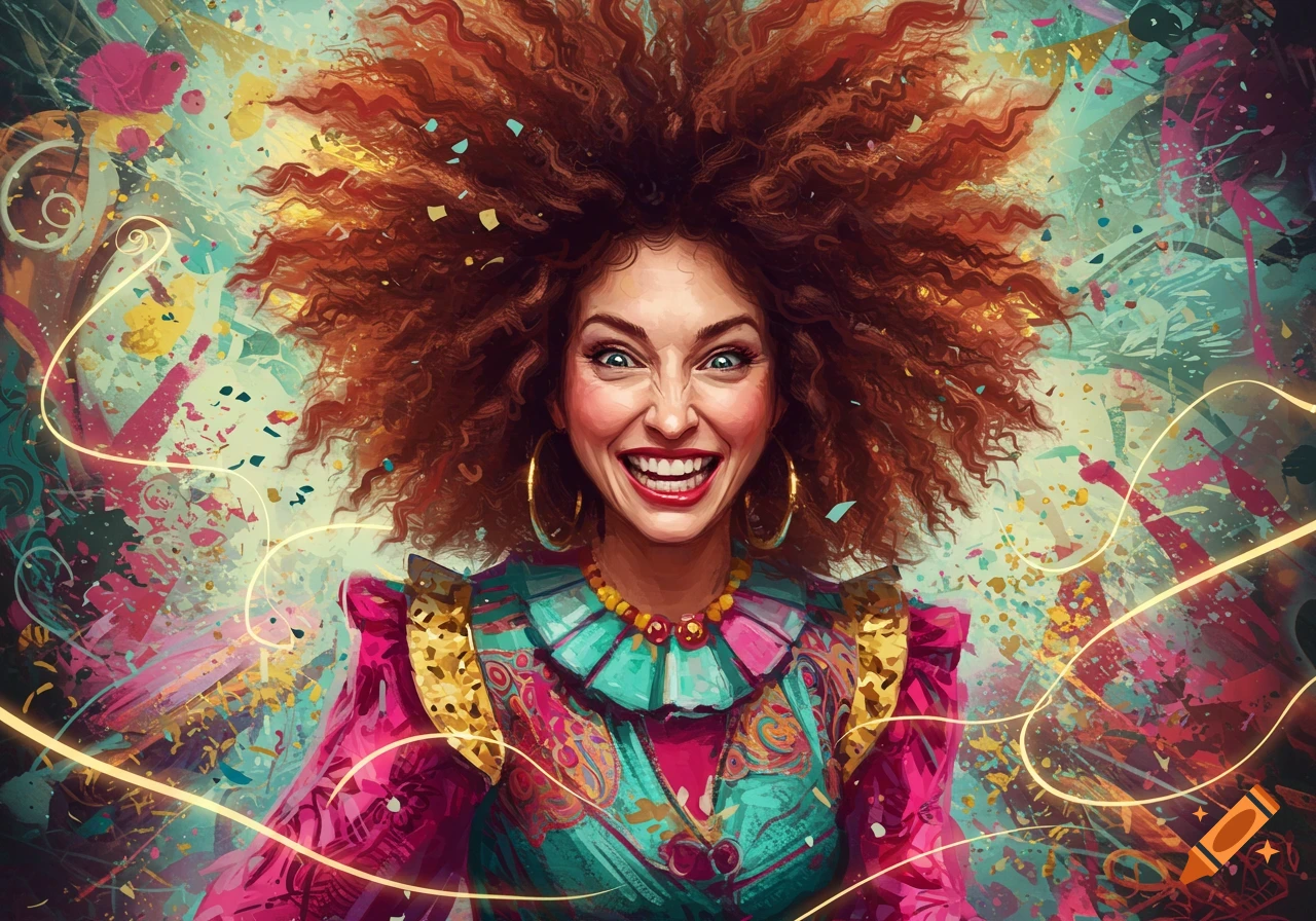 A joyful woman with wild red curly hair and bright blue eyes smiles widely, wearing vibrant, ornate clothing against an abstract background with confetti and golden light trails.