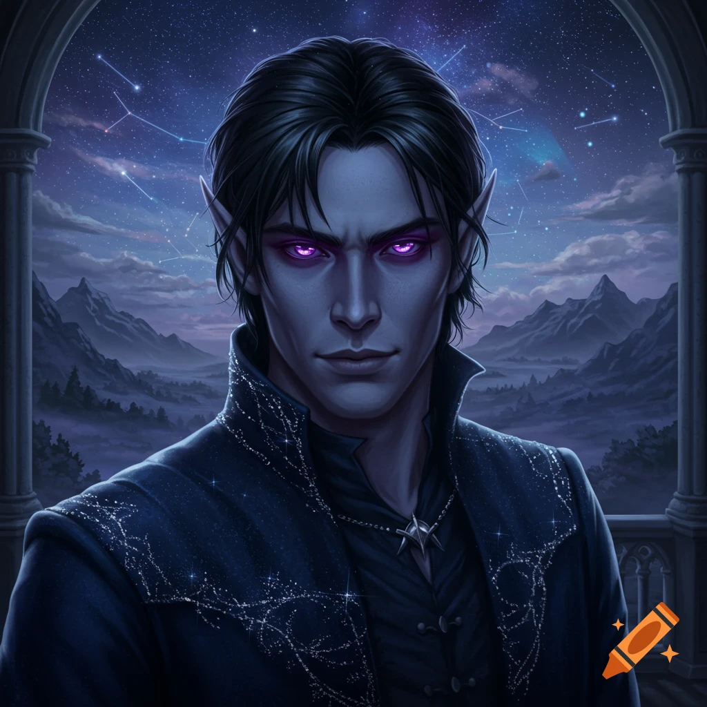 A dark fantasy character with pointed ears and glowing purple eyes, wearing an ornate jacket, against a starry night sky and mountains.