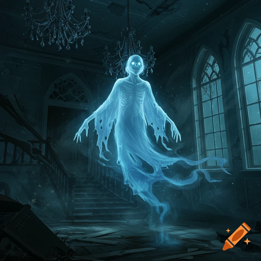 A glowing blue ghost with glowing eyes floats in a dilapidated, dark, and eerie haunted mansion with broken windows and chandeliers.