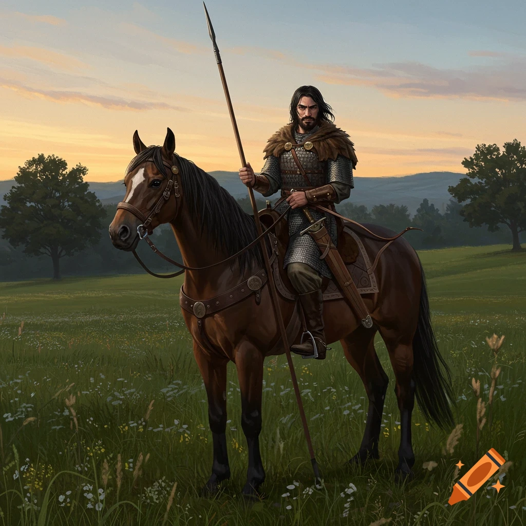 A man in medieval armor with a spear rides a brown horse through a grassy field at sunset.