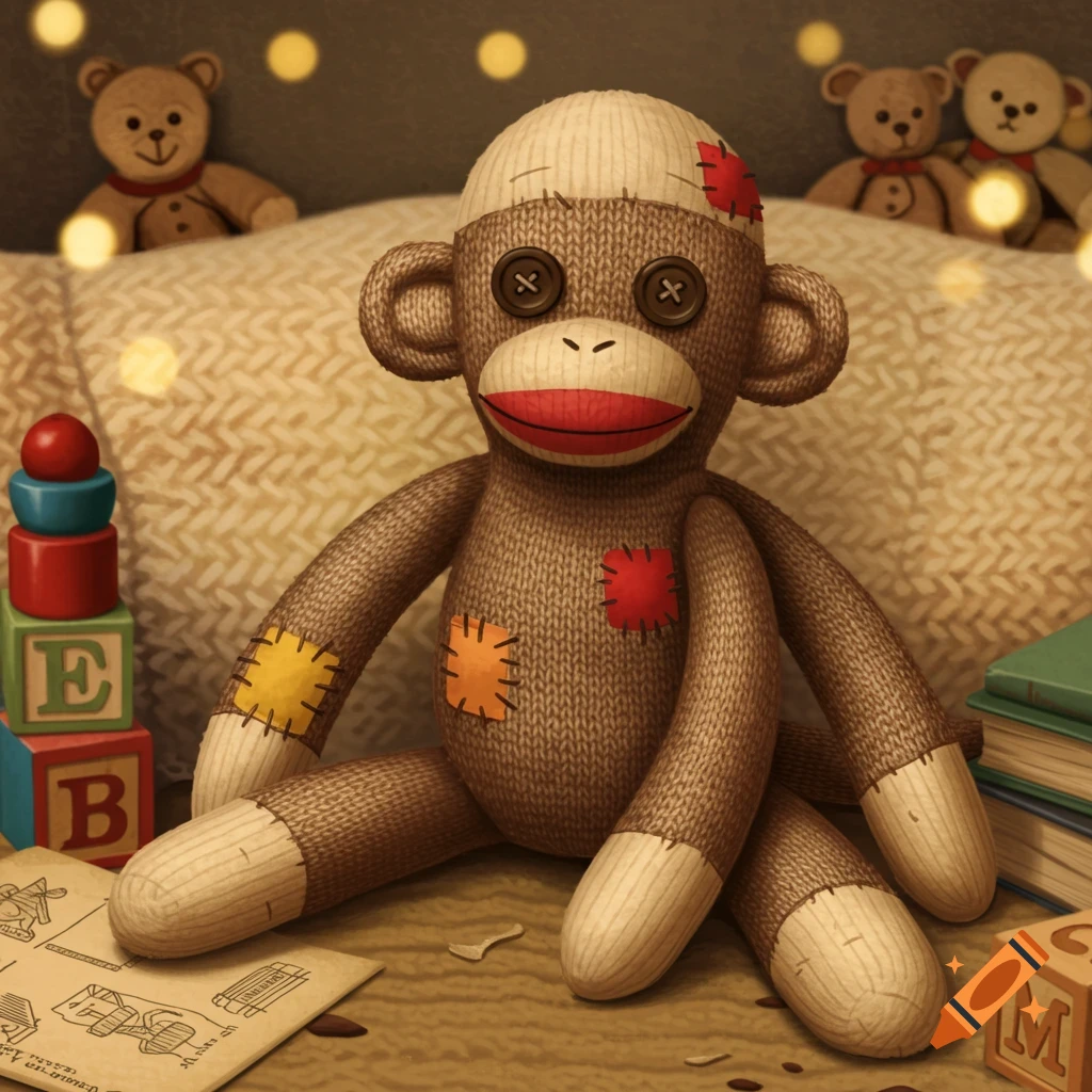 Cute sock monkey plush toy with patches sits among building blocks, books, and teddy bears in a warmly lit room.